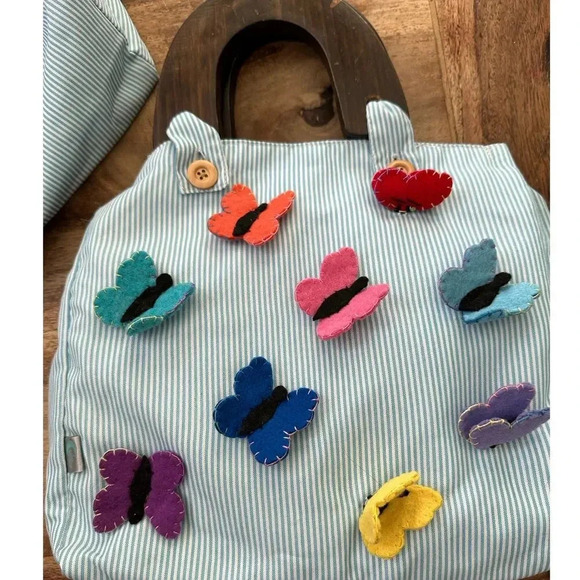 Luna Bonita Blue & White Striped Handmade Embroidered Butterfly Tote Bag - Picture 1 of 3